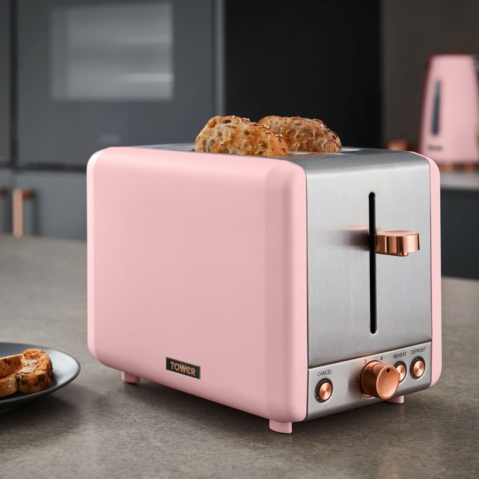 Tower Cavaletto Pink Kettle Toaster Breadbin Canisters Kitchen Roll Holder Set2