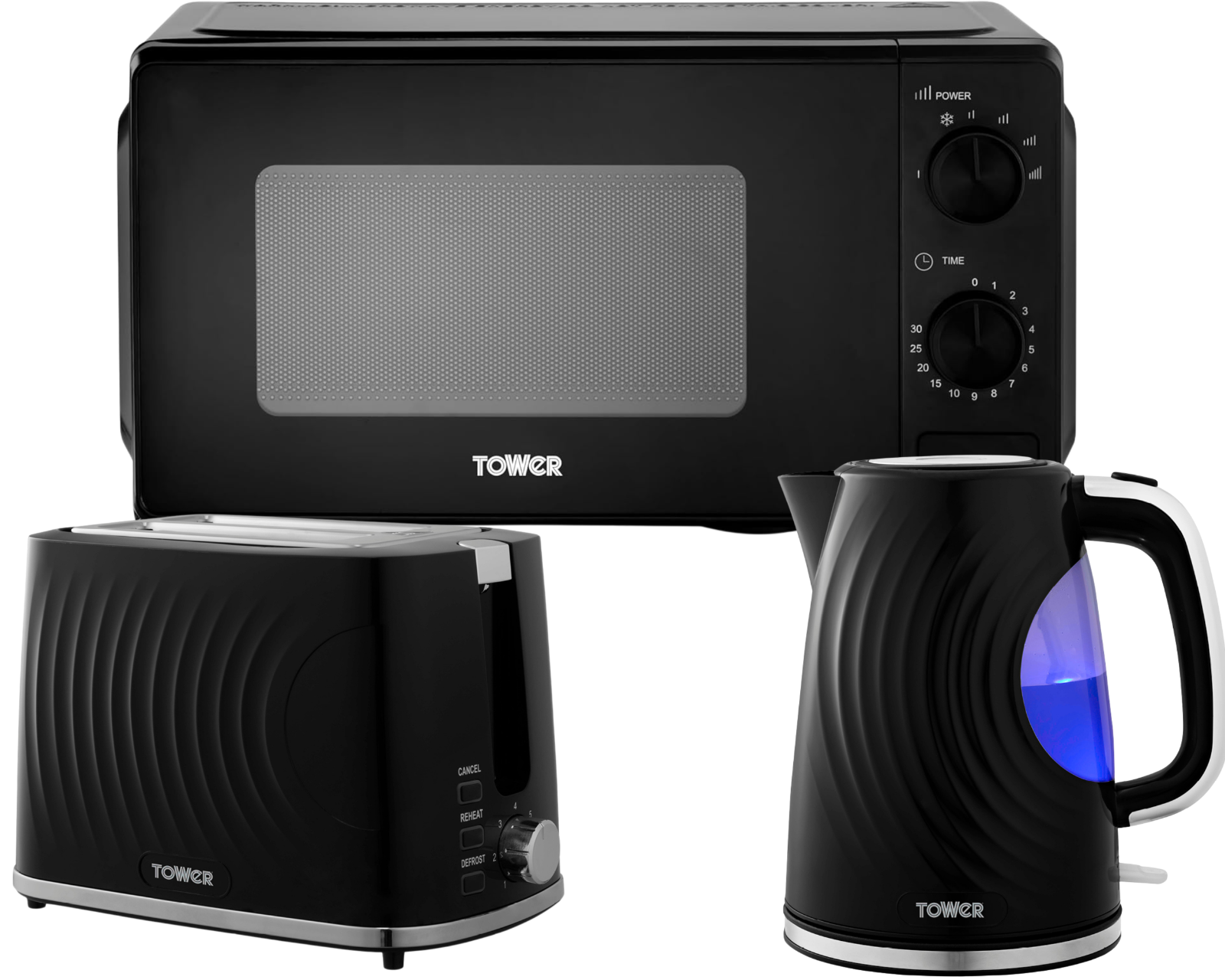 Tower Sonar Black Kettle 2 Slice Toaster & 800W 20L Manual Microwave T24044BLK0