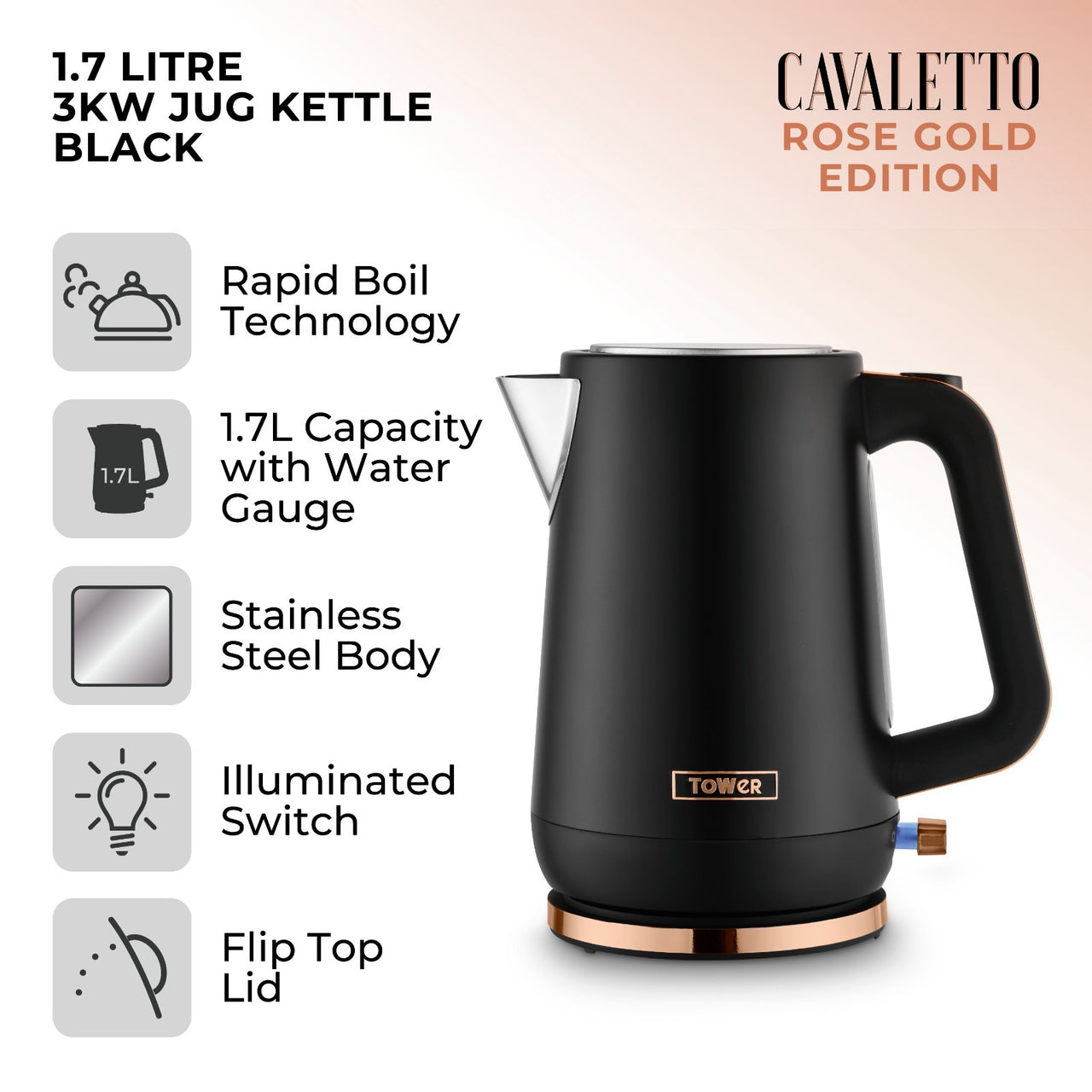 Tower Cavaletto Black Jug Kettle and 4 Slice Toaster Matching Kitchen Set1