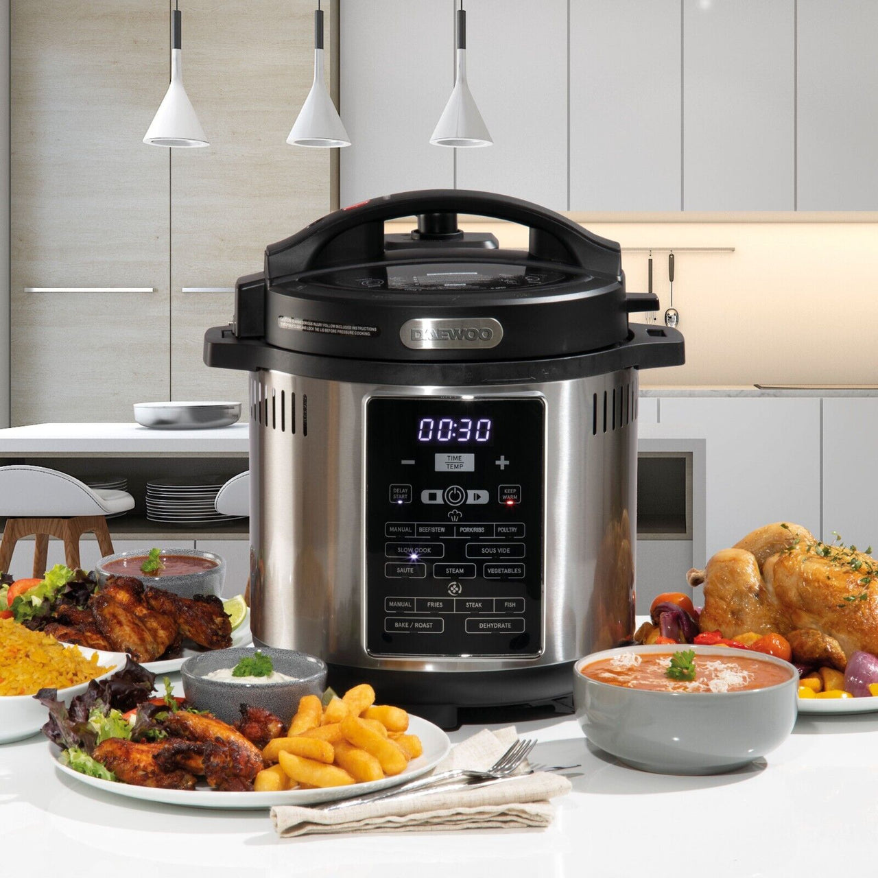 Daewoo 6L 2-in-1 Air Fryer & Pressure Cooker with 15 One Touch Cooking Pre-Sets SDA2621GE
