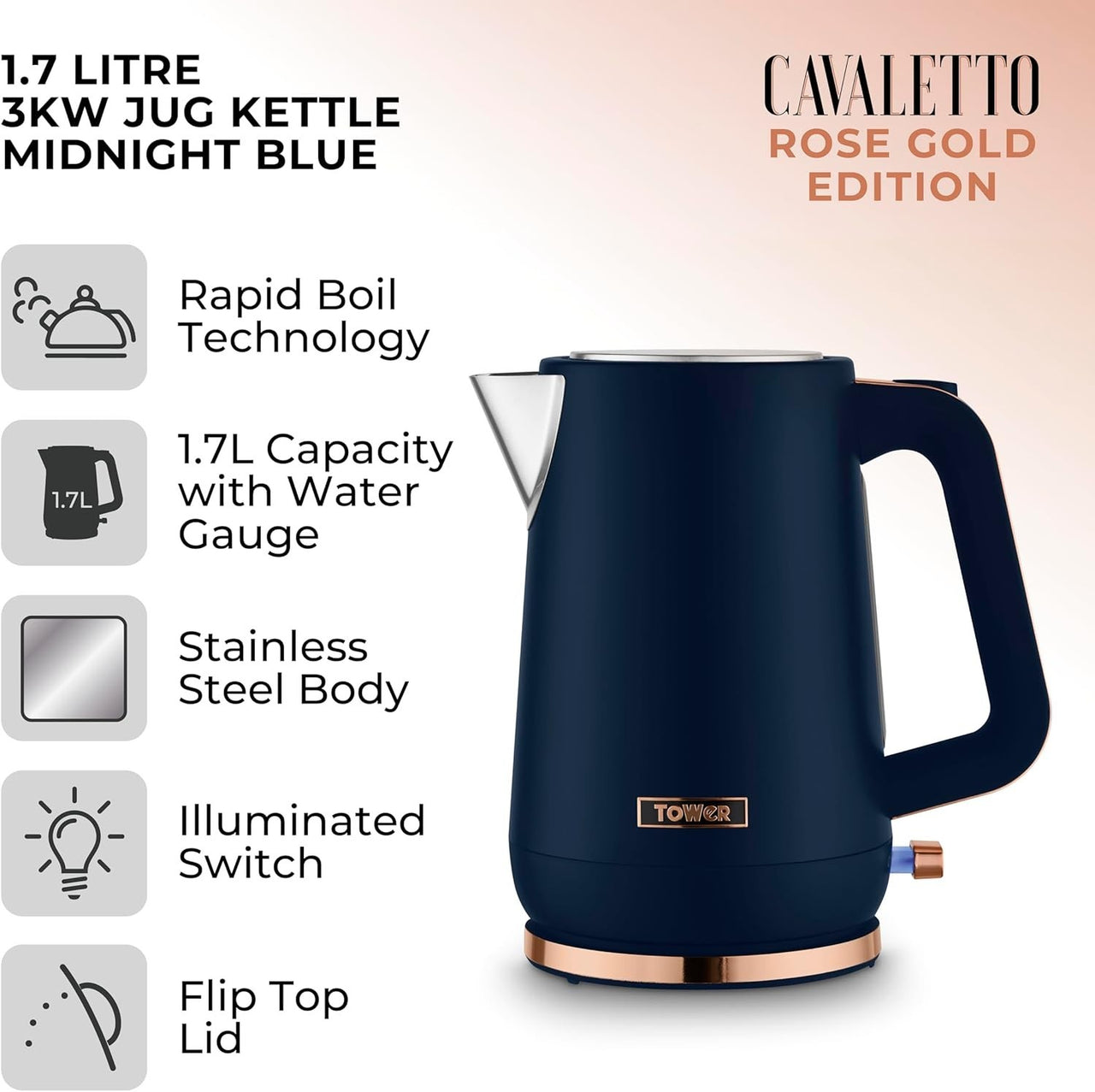 Tower Cavaletto Blue Kettle Toaster Microwave Matching Kitchen Storage Set of 81