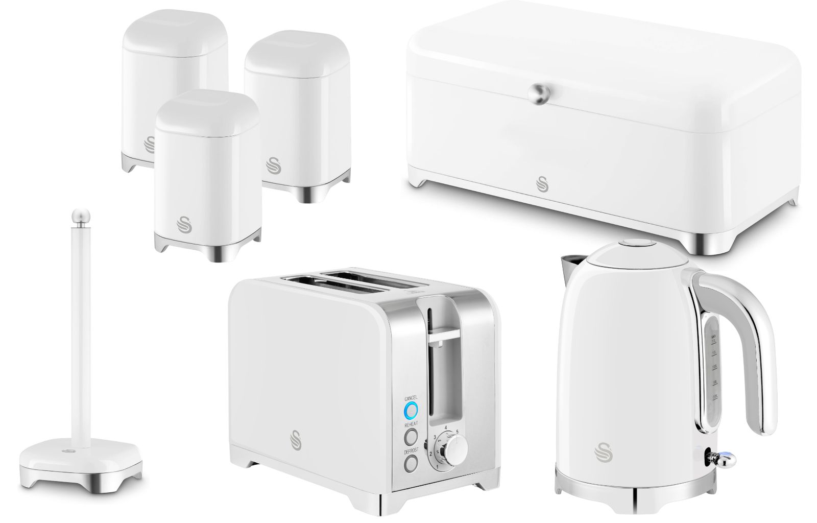 Swan Solace White Kettle Toaster Bread Bin Canisters Kitchen Roll Holder Set0