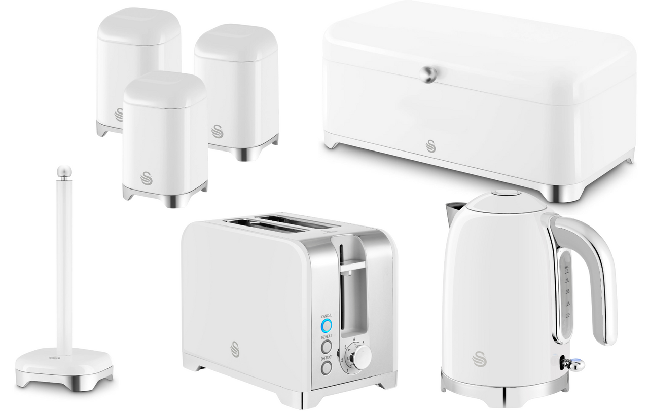 Swan Solace White Kettle Toaster Bread Bin Canisters Kitchen Roll Holder Set0