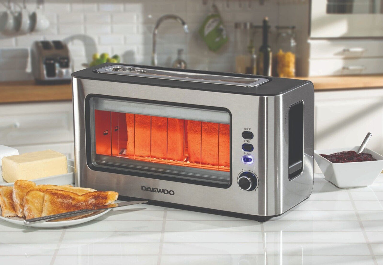 Daewoo 2 Slice Glass Toaster Modern Design with Glass Viewing Window SDA1060GE