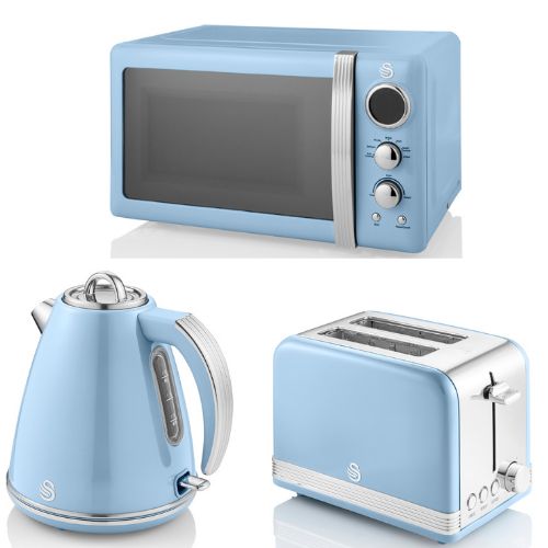 Swan Retro Blue 1.5L 3KW Jug Kettle, 2 Slice Toaster Set & 800W 20L Digital Microwave Matching Kitchen Set