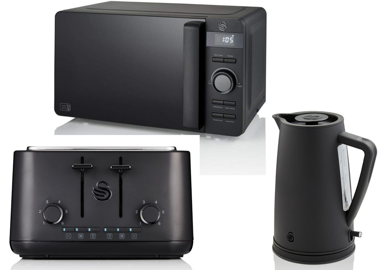 Swan Stealth 1.7L 3KW Kettle, 4 Slice Toaster & 800W Digital Microwave in Matte Black