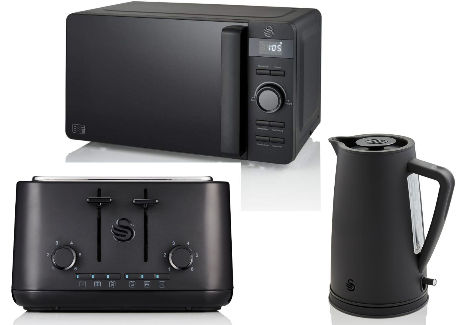 Swan Stealth 1.7L 3KW Kettle, 4 Slice Toaster & 800W Digital Microwave in Matte Black