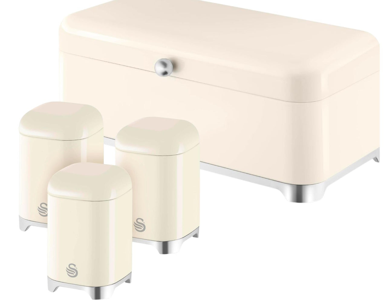 Swan Solace Cream Breadbin Canisters Kitchen Storage Set Chrome Trim0
