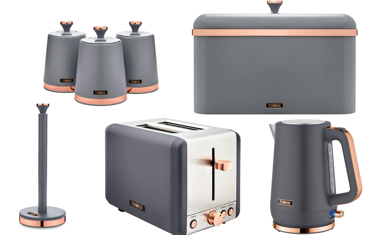 Tower Cavaletto Grey Jug Kettle Toaster Breadbin Canisters Kitchen Roll Holder0