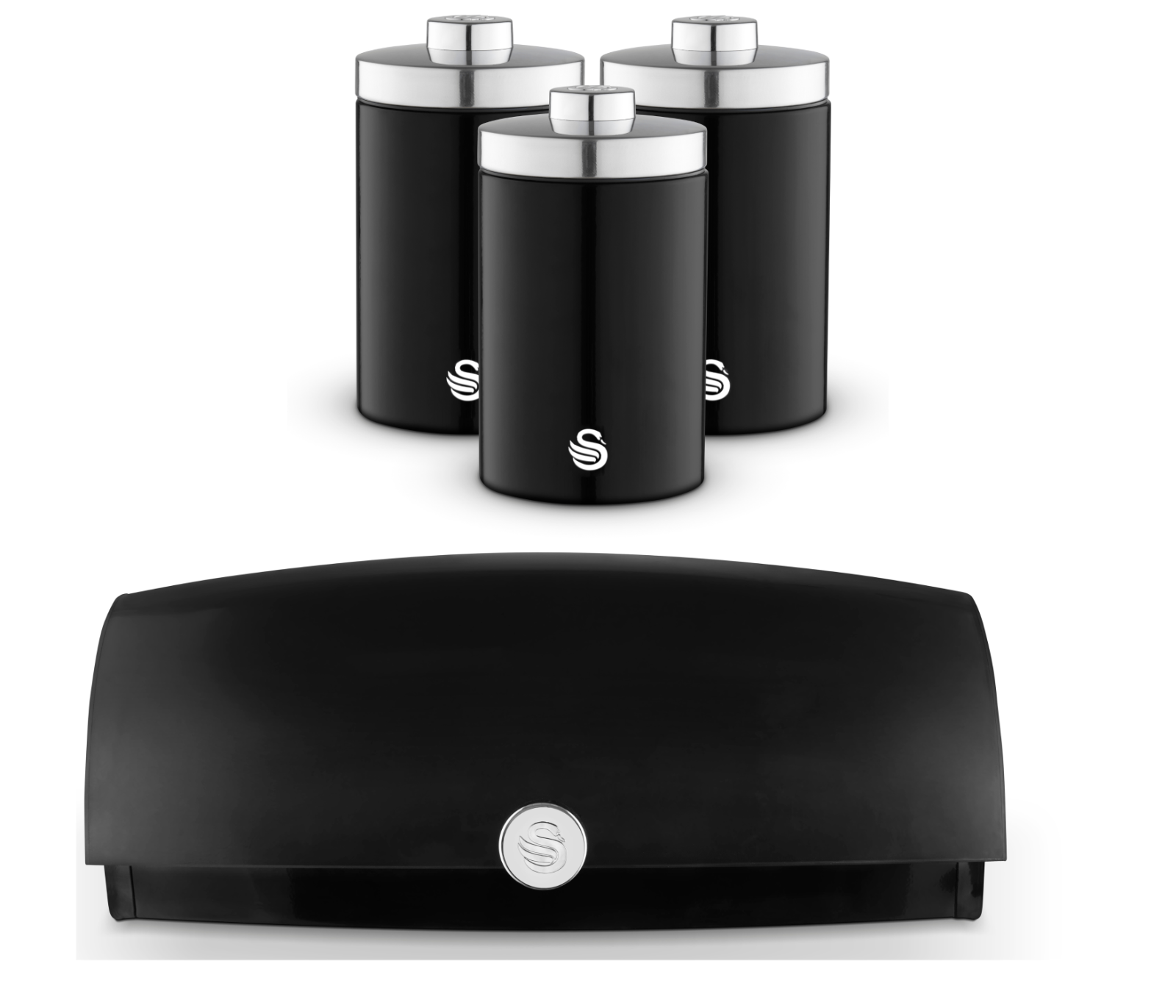 Swan Townhouse Black Bread Bin & Tea Coffee Sugar Canisters Storage