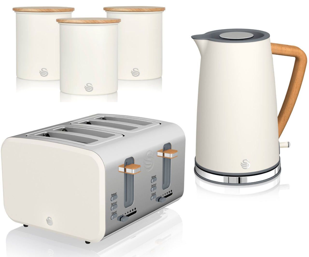 A set of Swan Nordic kitchen appliances in white, including a 1.7L jug kettle, a 4 slice toaster, and three canisters for storing tea, coffee, and sugar with a wood effect handle.