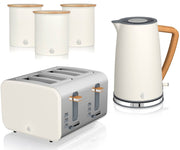 A set of Swan Nordic kitchen appliances in white, including a 1.7L jug kettle, a 4 slice toaster, and three canisters for storing tea, coffee, and sugar with a wood effect handle.