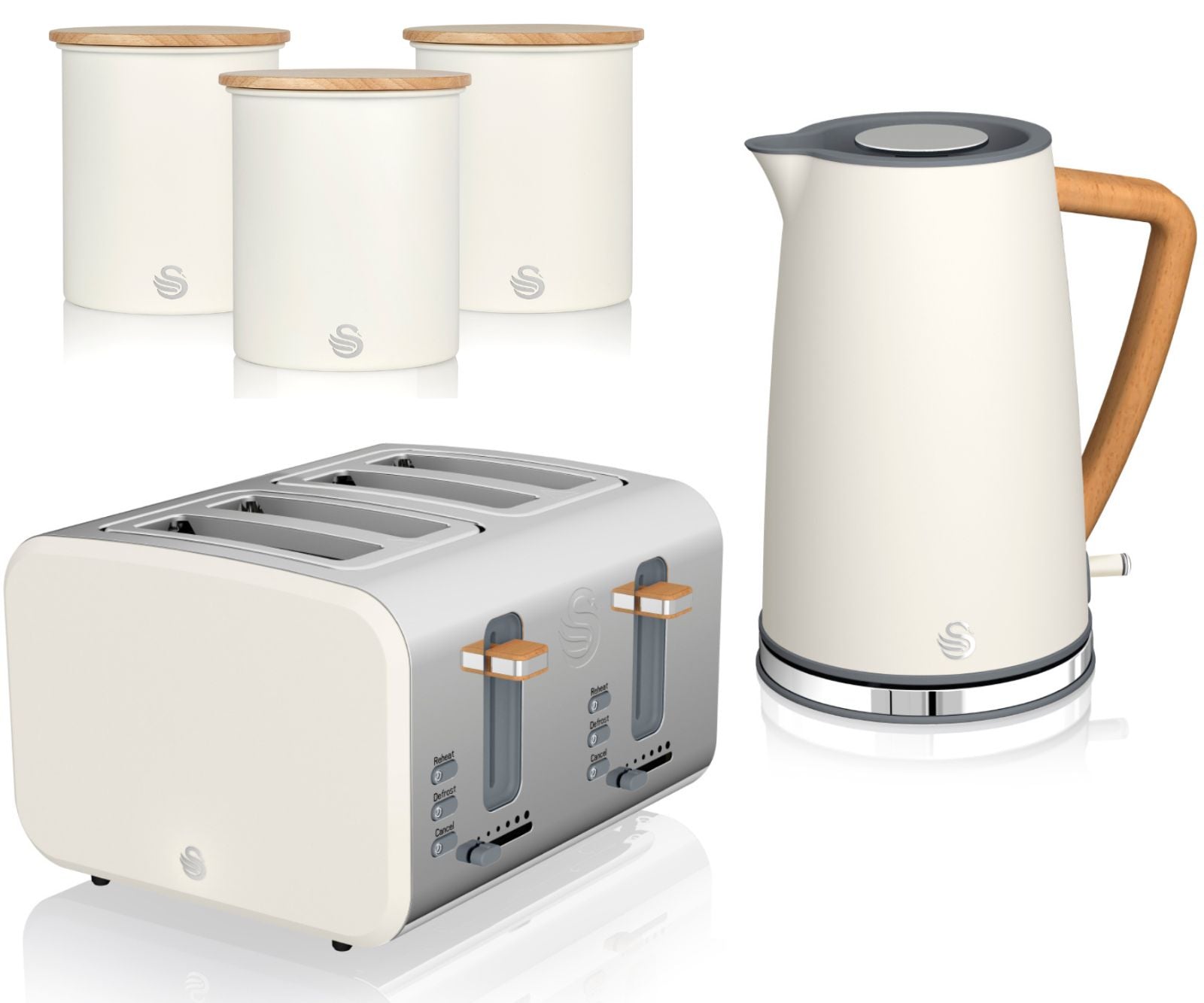 A set of Swan Nordic kitchen appliances in white, including a 1.7L jug kettle, a 4 slice toaster, and three canisters for storing tea, coffee, and sugar with a wood effect handle.