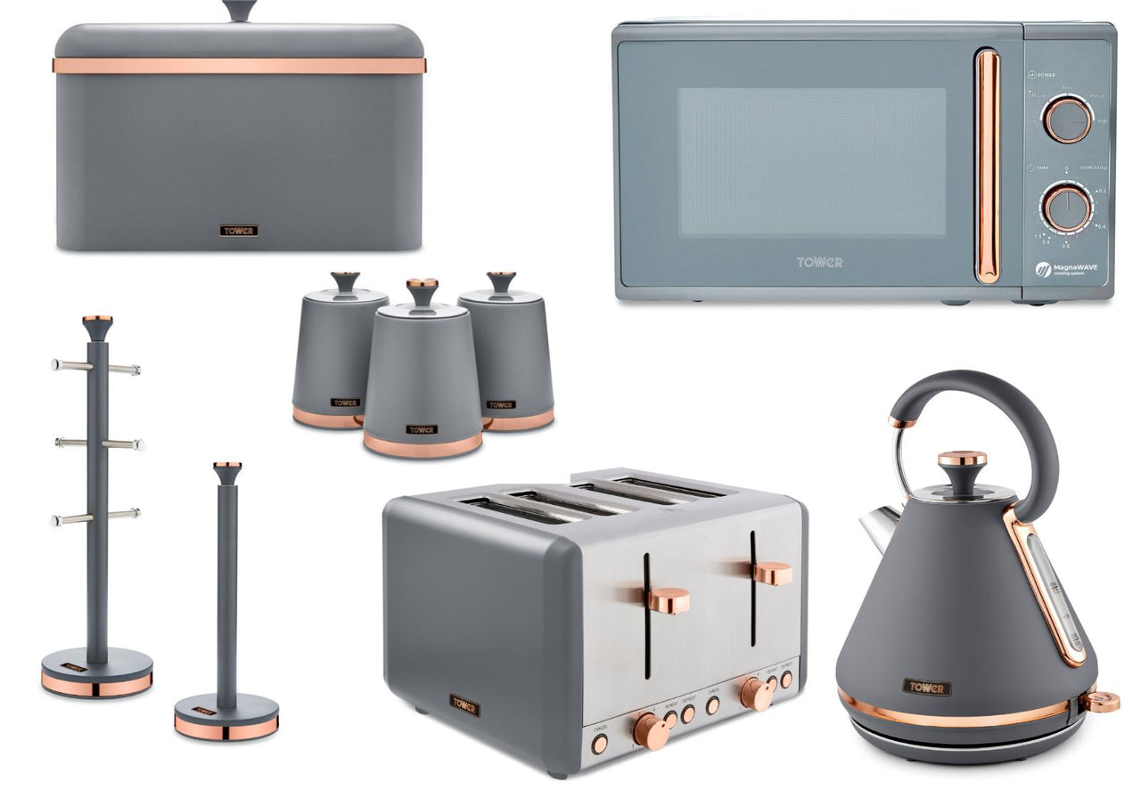 Tower Cavaletto Grey/Rose Gold Pyramid Kettle, 4 Slice Toaster, Microwave, Bread Bin, Canisters, Mug Tree and Towel Pole Matching Kitchen Set of 9