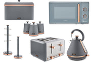 Tower Cavaletto Grey/Rose Gold Pyramid Kettle, 4 Slice Toaster, Microwave, Bread Bin, Canisters, Mug Tree and Towel Pole Matching Kitchen Set of 9