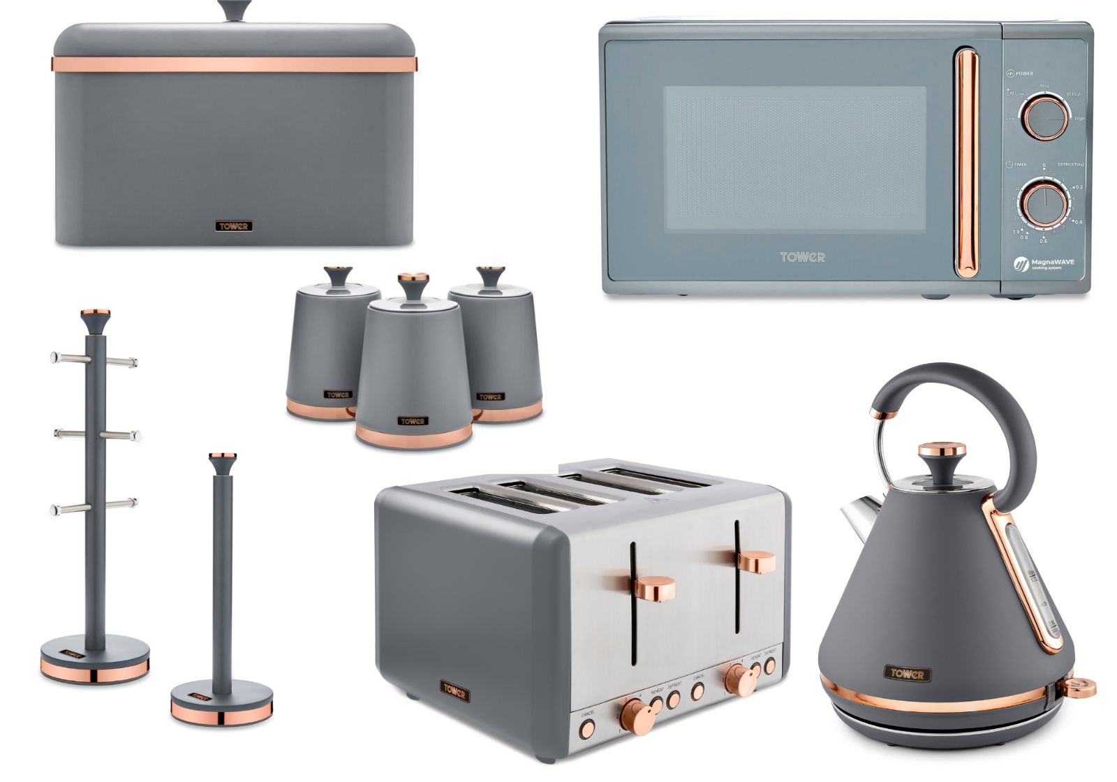Tower Cavaletto Grey/Rose Gold Pyramid Kettle, 4 Slice Toaster, Microwave, Bread Bin, Canisters, Mug Tree and Towel Pole Matching Kitchen Set of 9