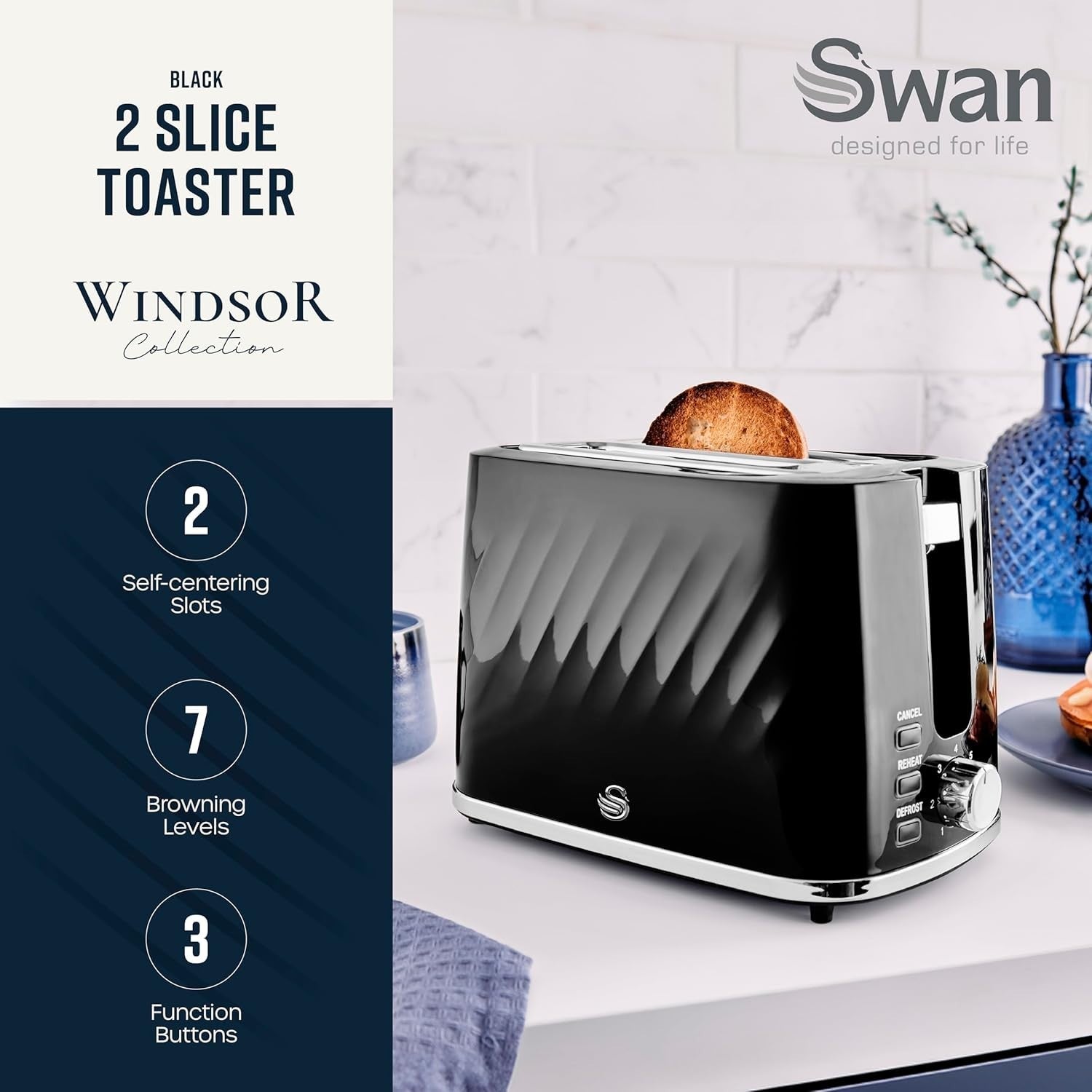 Swan Windsor Black Kettle Toaster Microwave Canisters Matching Kitchen Bundle7