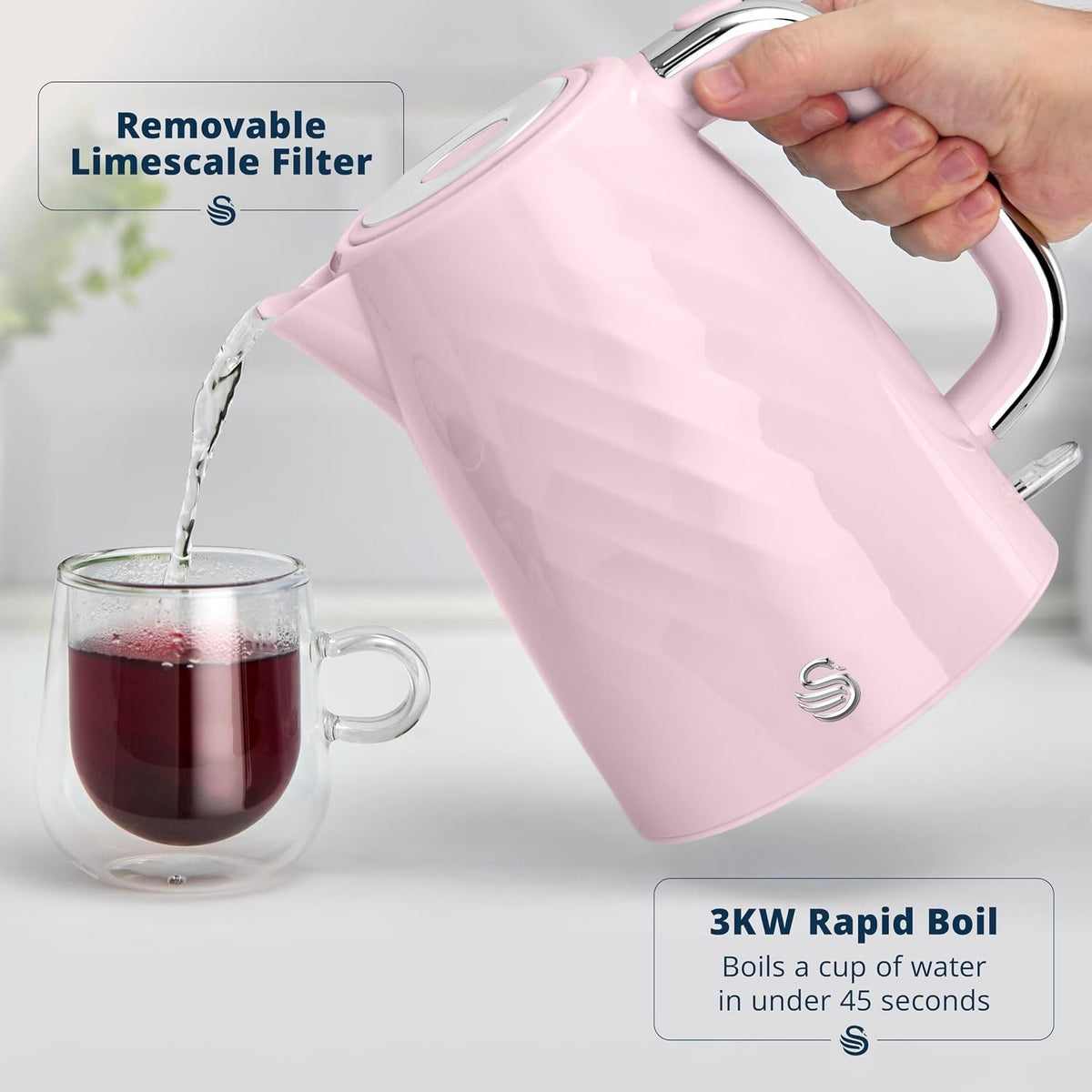Swan Windsor Pink 1.7L 3kW Rapid Boil Kettle Cordless SK14611PNK Chrome Accents5