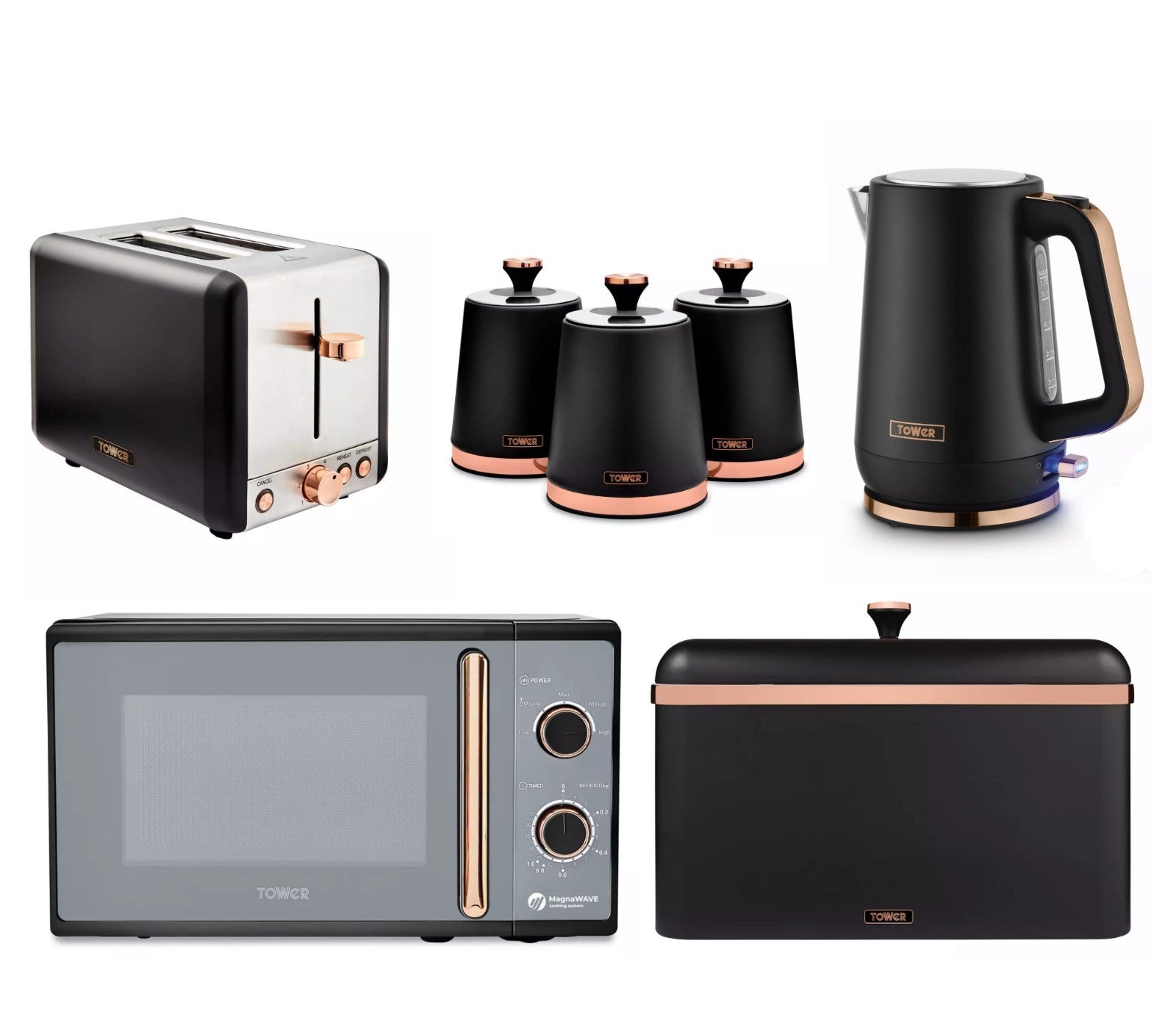 Tower Cavaletto Kettle, 2 Slice Toaster, Canisters, Bread Bin & Microwave Black0