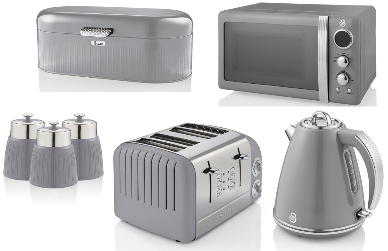 SWAN Retro Grey Jug Kettle 4 Slice Toaster Microwave Bread Bin & 3 Canisters Set