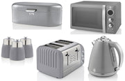 SWAN Retro Grey Jug Kettle 4 Slice Toaster Microwave Bread Bin & 3 Canisters Set