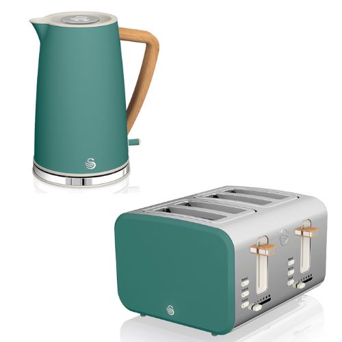 Swan Nordic Green Kettle & 4 Slice Toaster Scandinavian Design Kitchen Set