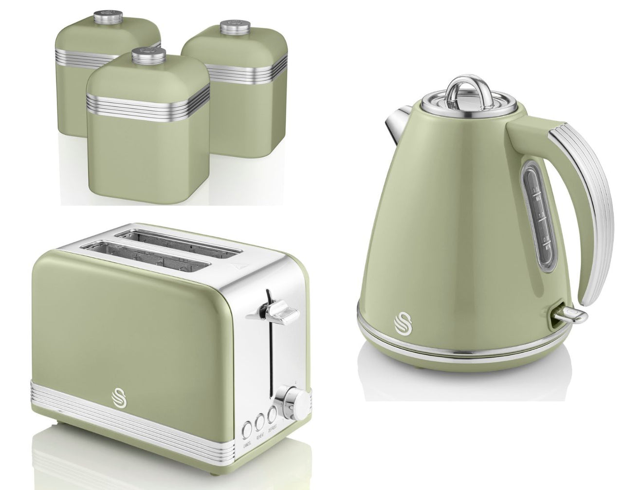 Swan Retro Green 1.5L Jug Kettle, 2 Slice Toaster and Tea, Coffee, Sugar Canisters Matching Set