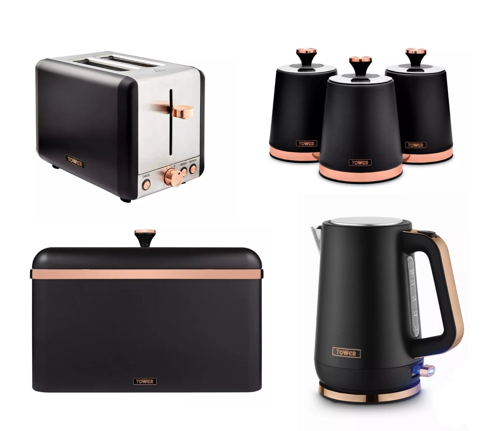 Tower Cavaletto Kettle, 2 Slice Toaster, 3 Canisters & Bread Bin Black Rose Gold0