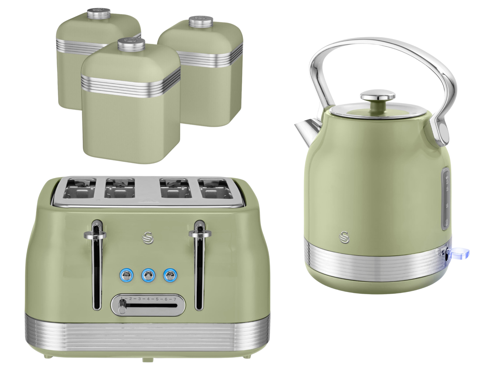 Swan Retro Revive Green Stovetop Design Kettle 4 Slice Toaster & Canisters Set0