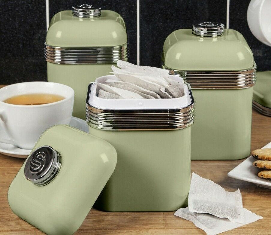 Swan Retro Revive Green Kettle 4 Slice Toaster & 3c Canisters Kitchen Bundle Set3