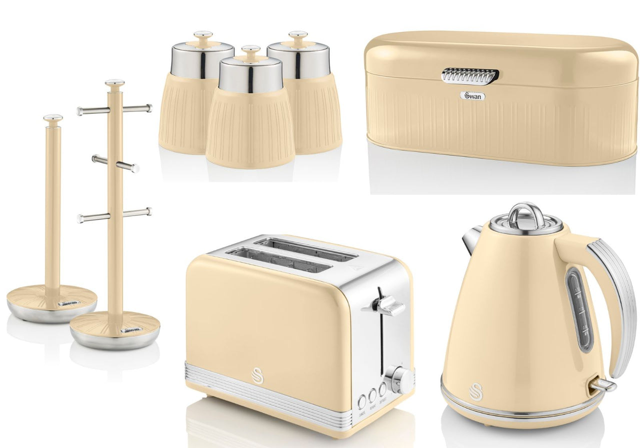 Swan Retro Cream Kettle Toaster Bread Bin Canisters Mug Tree Towel Pole Set of 8