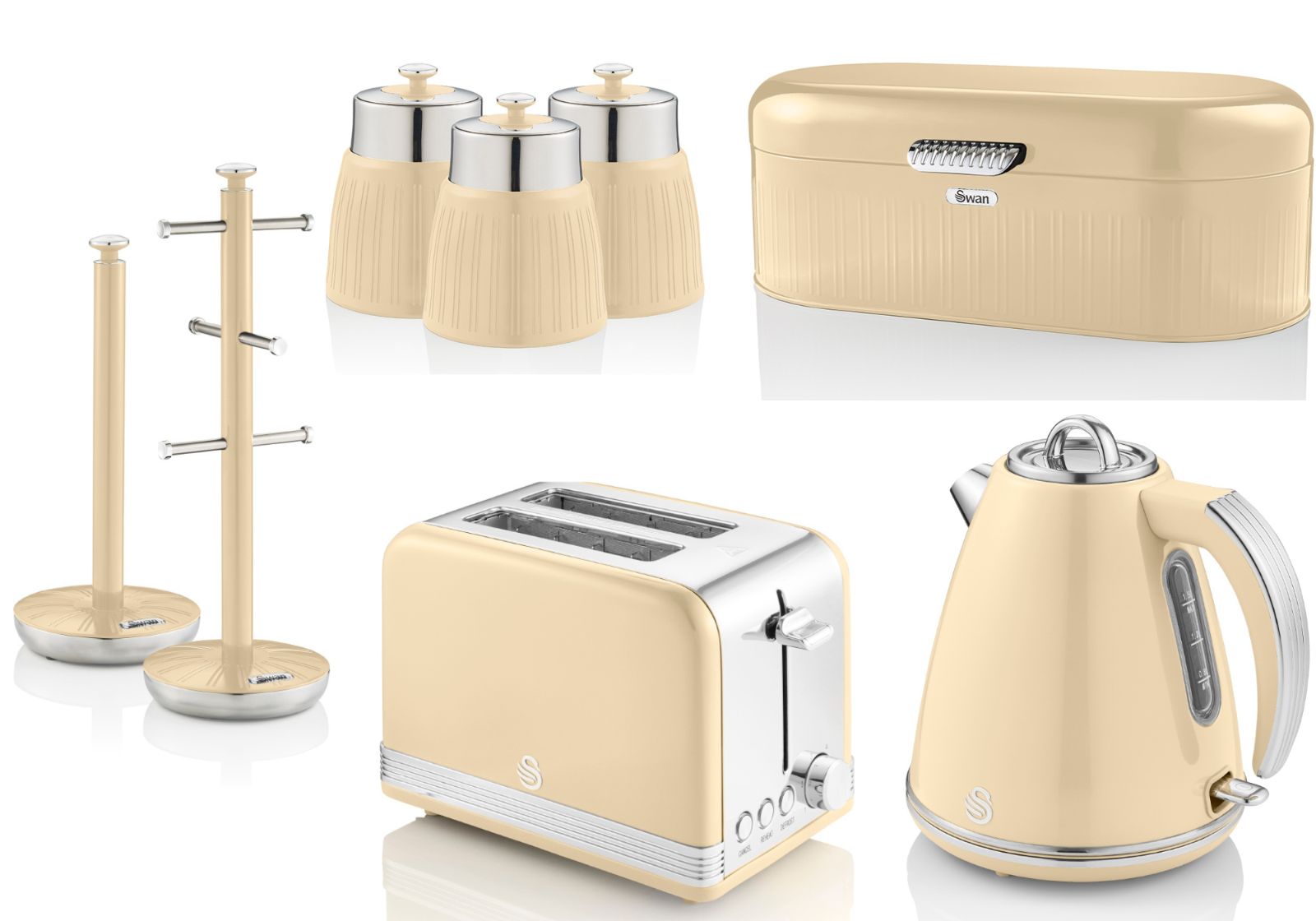 Swan Retro Cream Kettle Toaster Bread Bin Canisters Mug Tree Towel Pole Set of 8