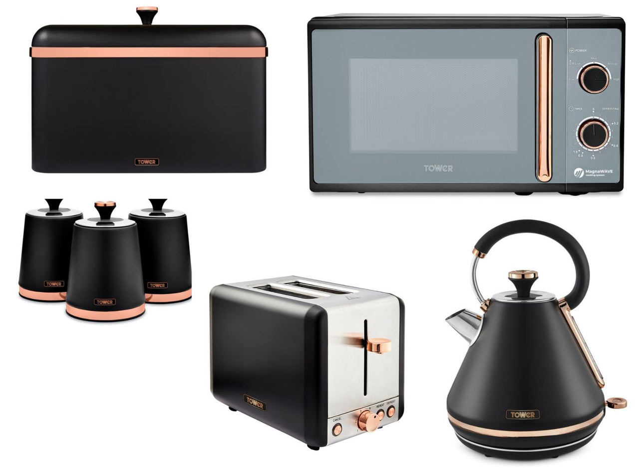 Tower Cavaletto Black Kettle, 2 Slice Toaster, Microwave, Bread Bin & Canisters Kitchen Set