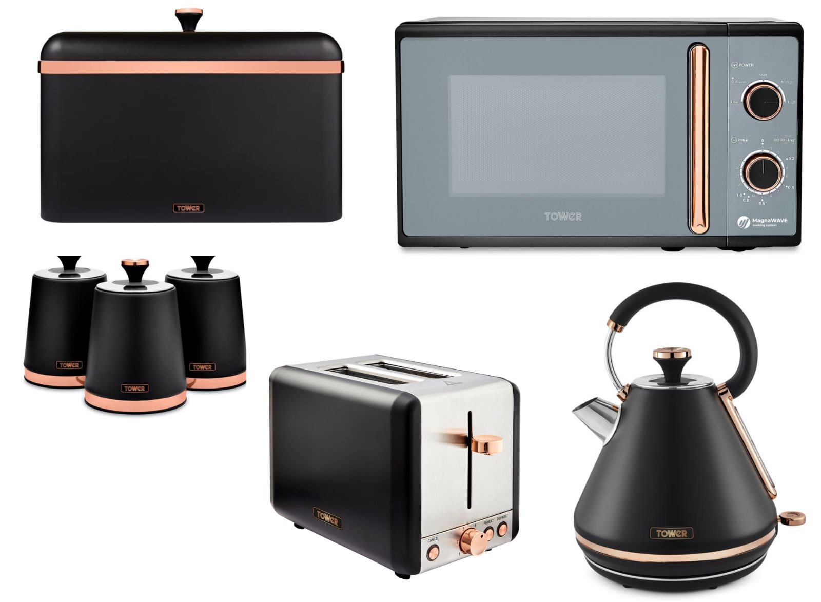 Tower Cavaletto Black Kettle, 2 Slice Toaster, Microwave, Bread Bin & Canisters Kitchen Set
