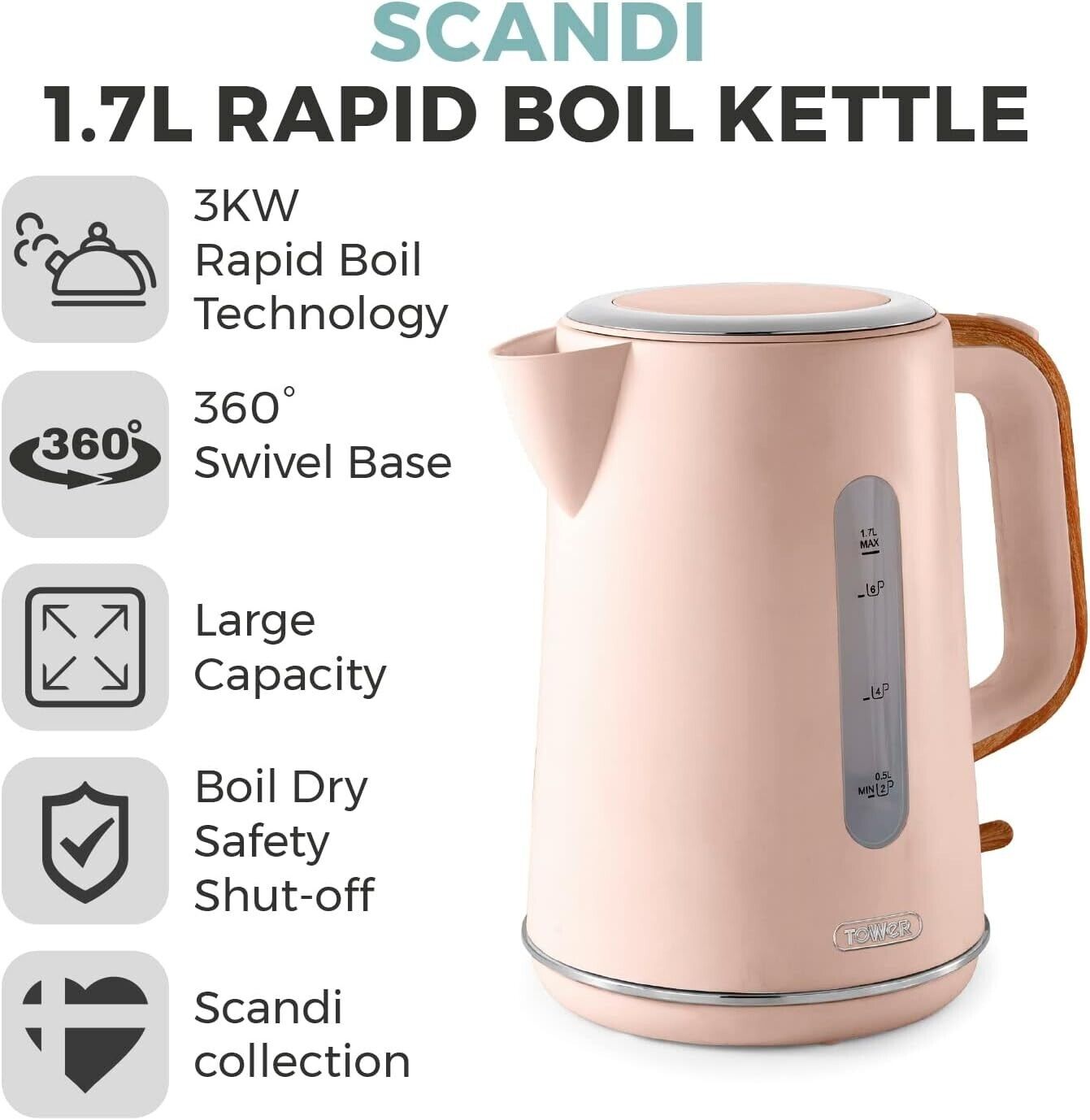 Tower Scandi 3KW Jug Kettle Rapid Boil Pink Clay T10037PCLY