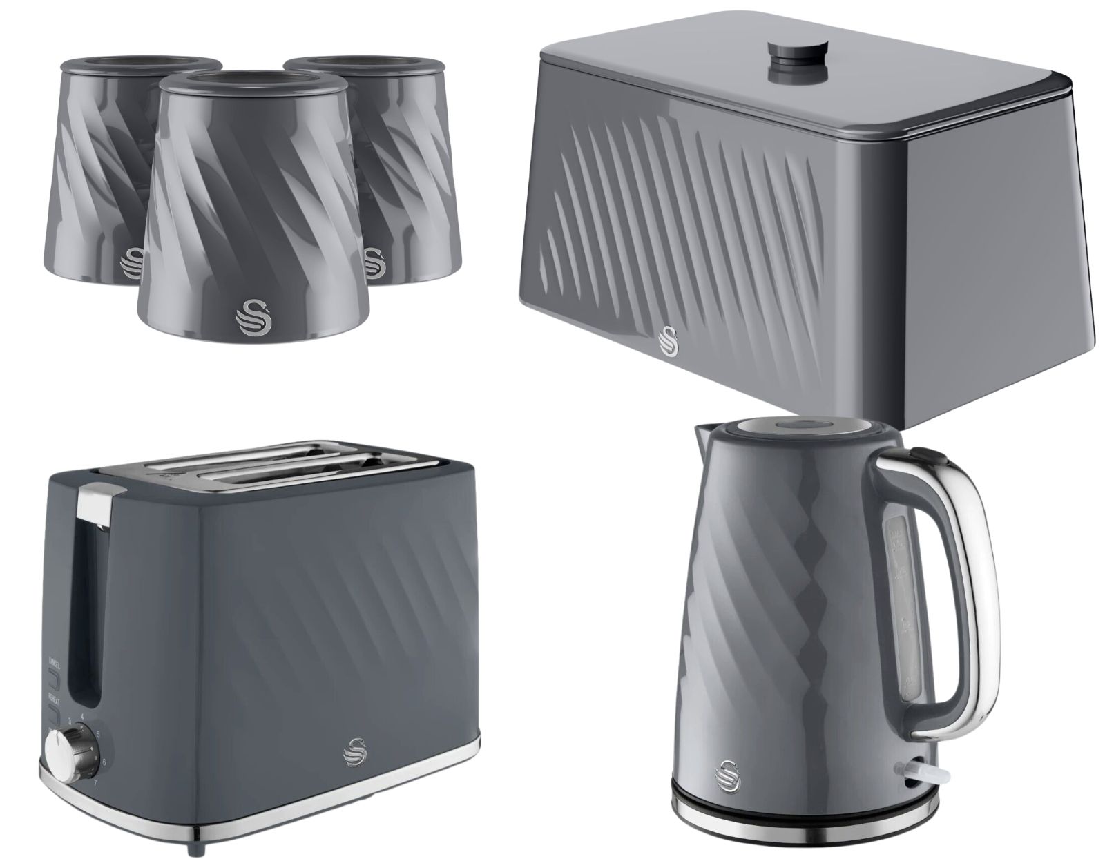 Swan Windsor Grey Kettle Toaster Breadbin Canisters Matching Kitchen Bundle Set0