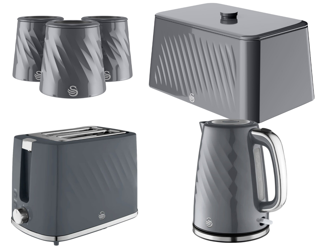 Swan Windsor Grey Kettle Toaster Breadbin Canisters Matching Kitchen Bundle Set0