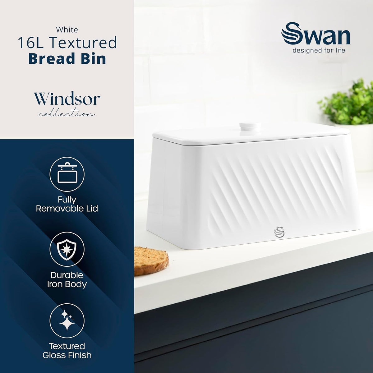 Swan Windsor White 16L Bread Bin with Removable Lid SWKA18539WHT4