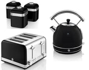 Swan Retro Black Dome Kettle 4 Slice Toaster & 3 Storage Canisters Kitchen Set