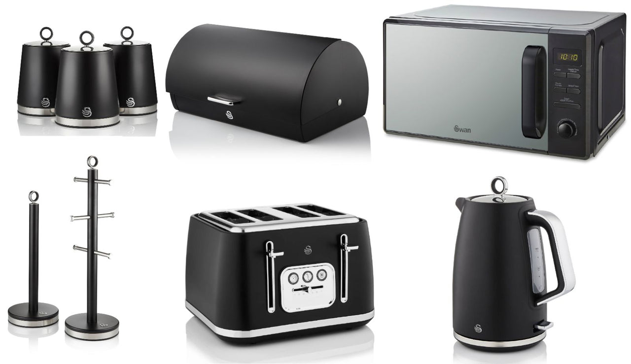 Swan Serenity Black 1.7L 3KW Kettle, 4 Slice Toaster, Bread Bin, Canisters, Mug Tree, Towel Pole and 20L 800W Digital Microwave SM4421BLK.  Complete Matching Swan Kitchen Set of 9
