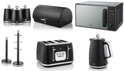 Swan Serenity Black 1.7L 3KW Kettle, 4 Slice Toaster, Bread Bin, Canisters, Mug Tree, Towel Pole and 20L 800W Digital Microwave SM4421BLK.  Complete Matching Swan Kitchen Set of 9