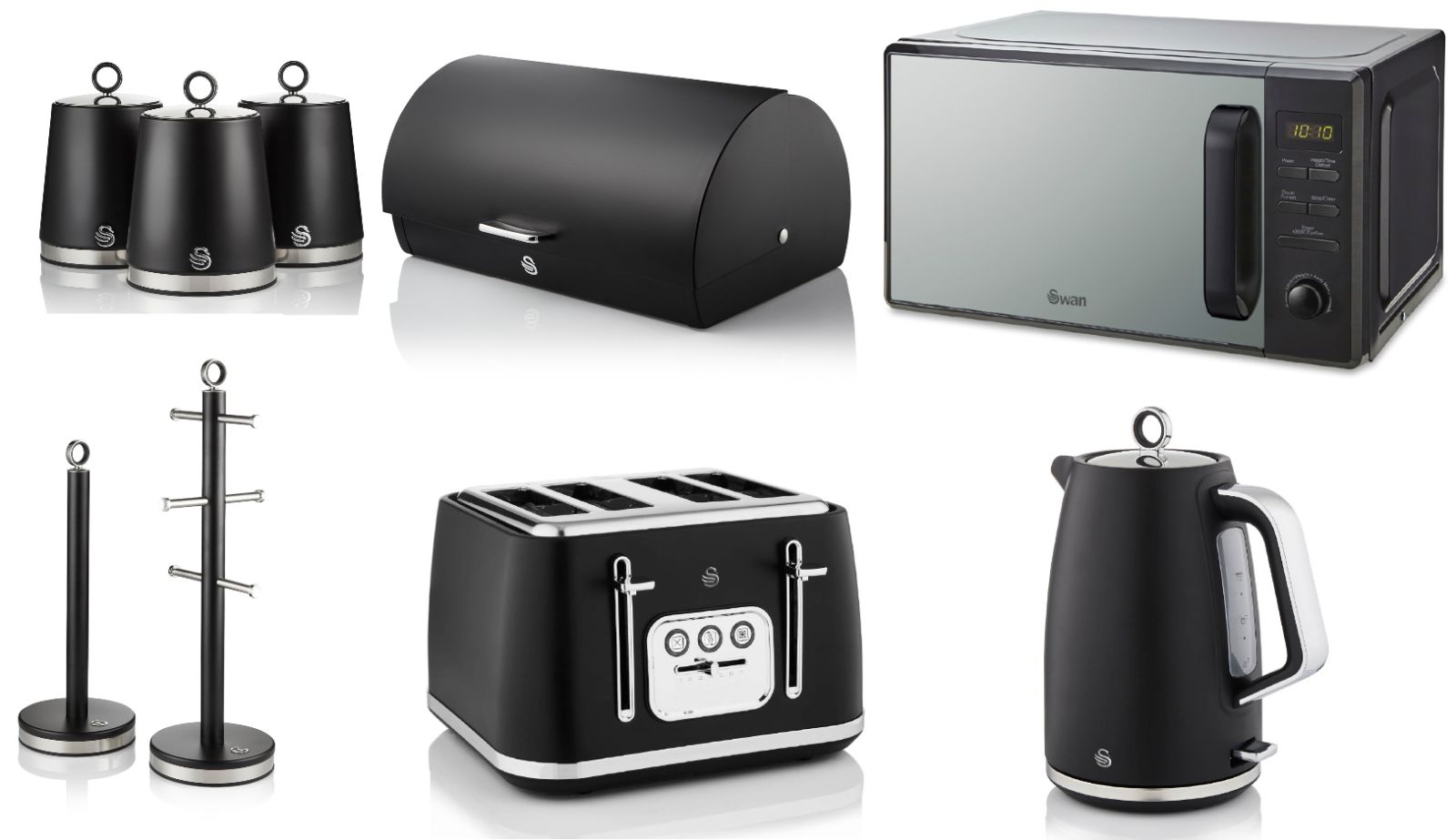 Swan Serenity Black 1.7L 3KW Kettle, 4 Slice Toaster, Bread Bin, Canisters, Mug Tree, Towel Pole and 20L 800W Digital Microwave SM4421BLK.  Complete Matching Swan Kitchen Set of 9