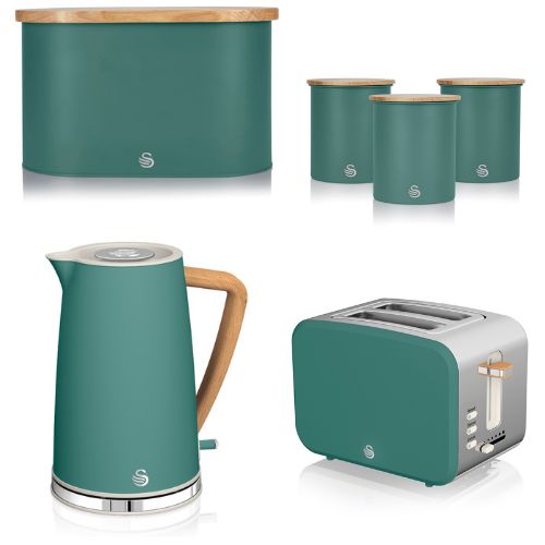 Swan Nordic Green Jug Kettle, 2 Slice Toaster, Bread Bin & Canisters Matching Set