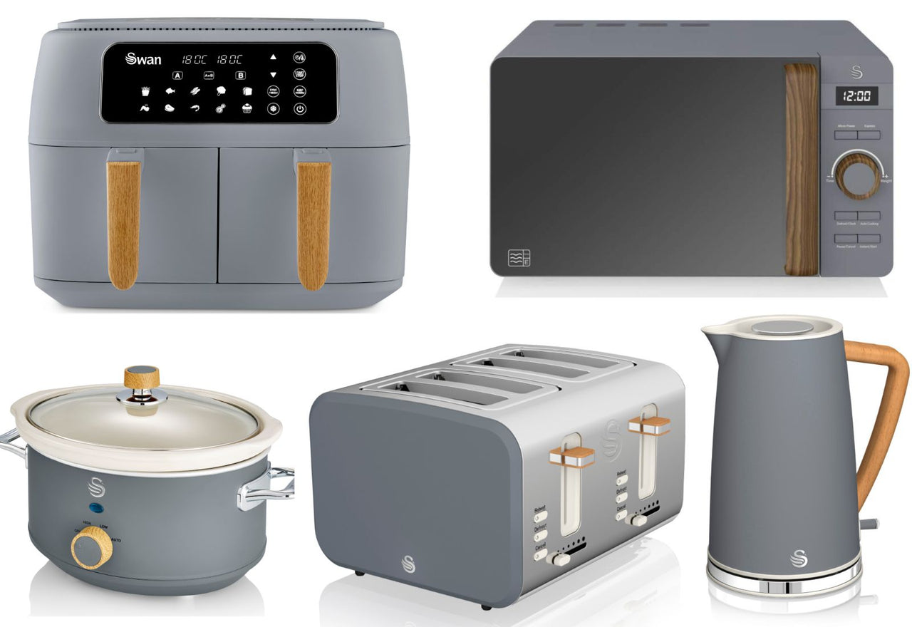 Swan Nordic Grey 1.7L Jug Kettle, 4 Slice Toaster, 8L Dual Basket Air Fryer, 800W 20L Microwave & 3.5L Slow Cooker Matching Set