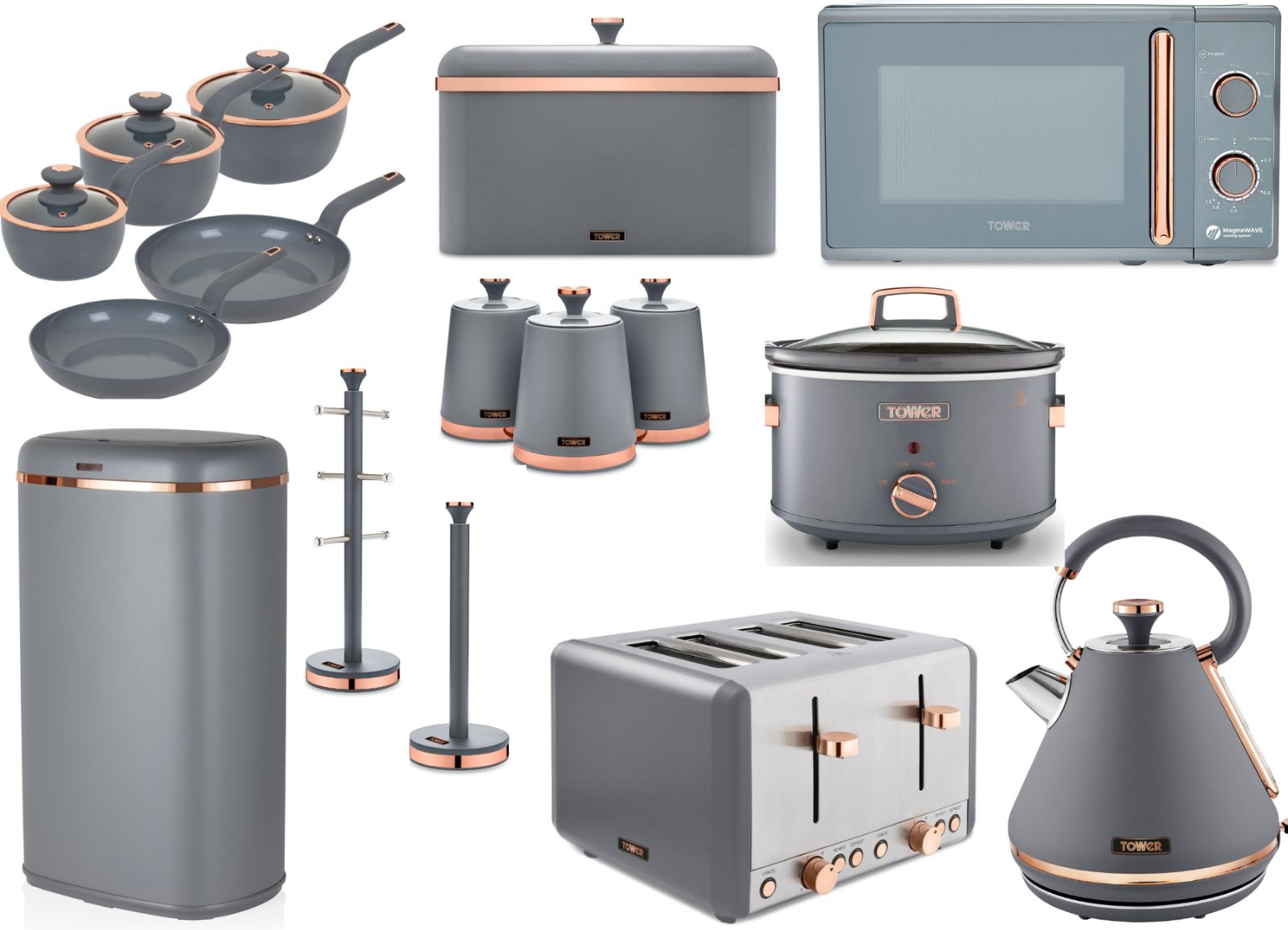 A collection of kitchen appliances and storage items in grey and rose gold, including a kettle, toaster, microwave, slow cooker, canisters, mug tree, towel pole, and sensor bin.