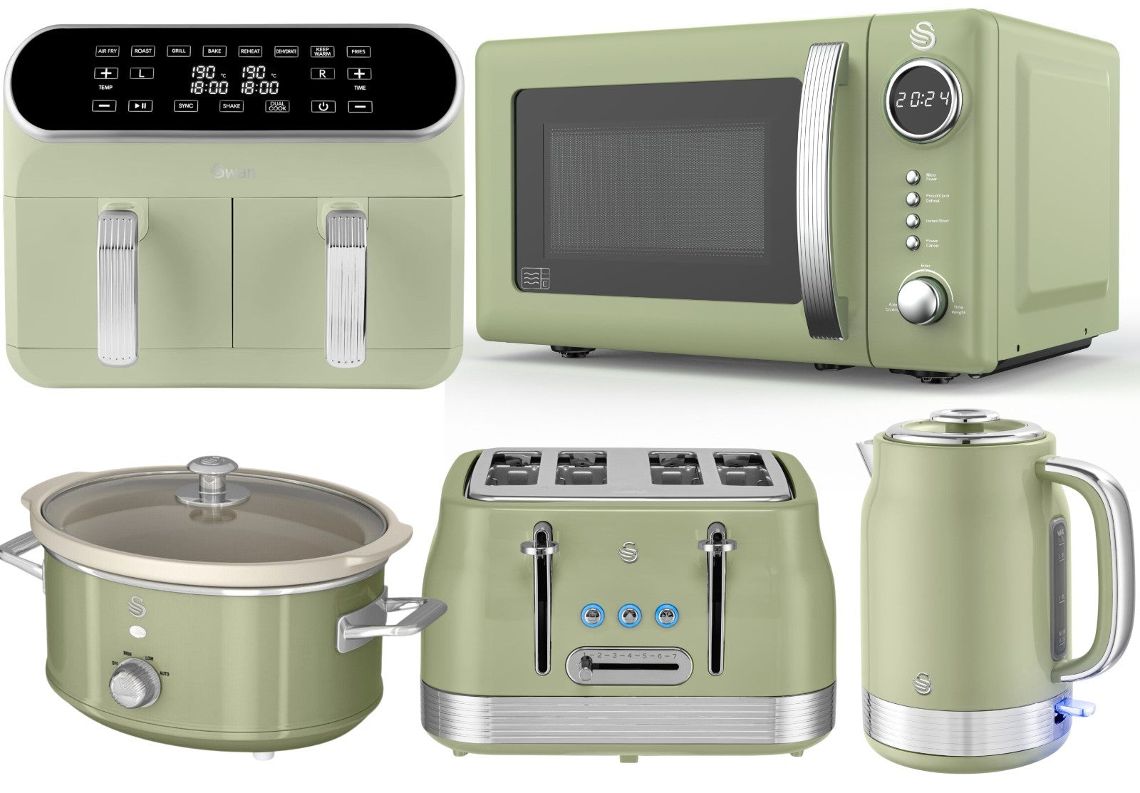 SWAN Retro Green Kettle Toaster Microwave Air Fryer Slow Cooker Kitchen Set0