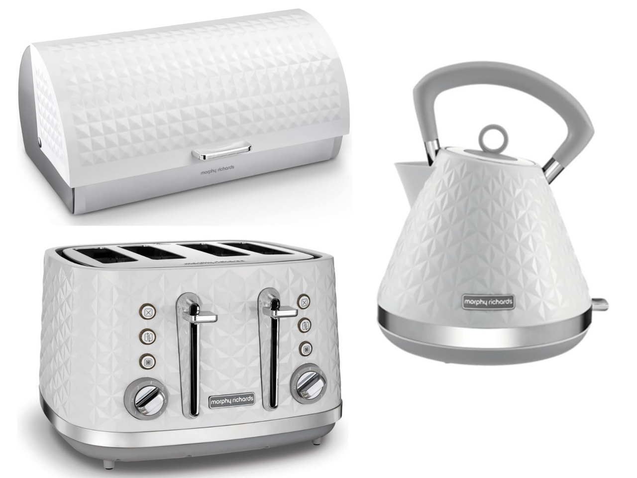 Morphy Richards Vector White 1.5L 3KW Pyramid Kettle, 4 Slice Toaster & Dimensions Bread Bin Matching Kitchen Set