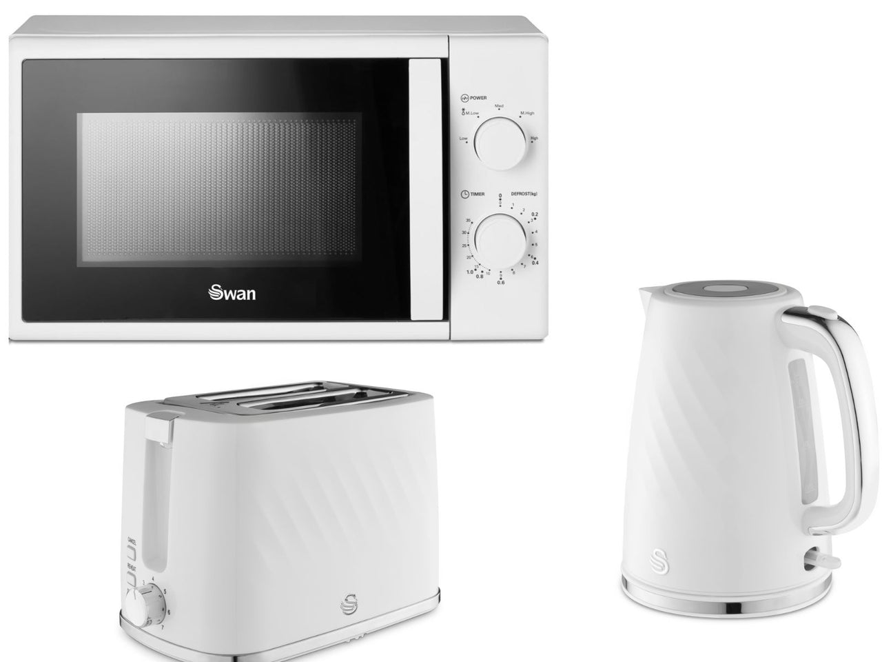 Swan Windsor White 1.7L 3KW Kettle, 2 Slice Toaster & 700W 20L Manual Microwave Matching Set
