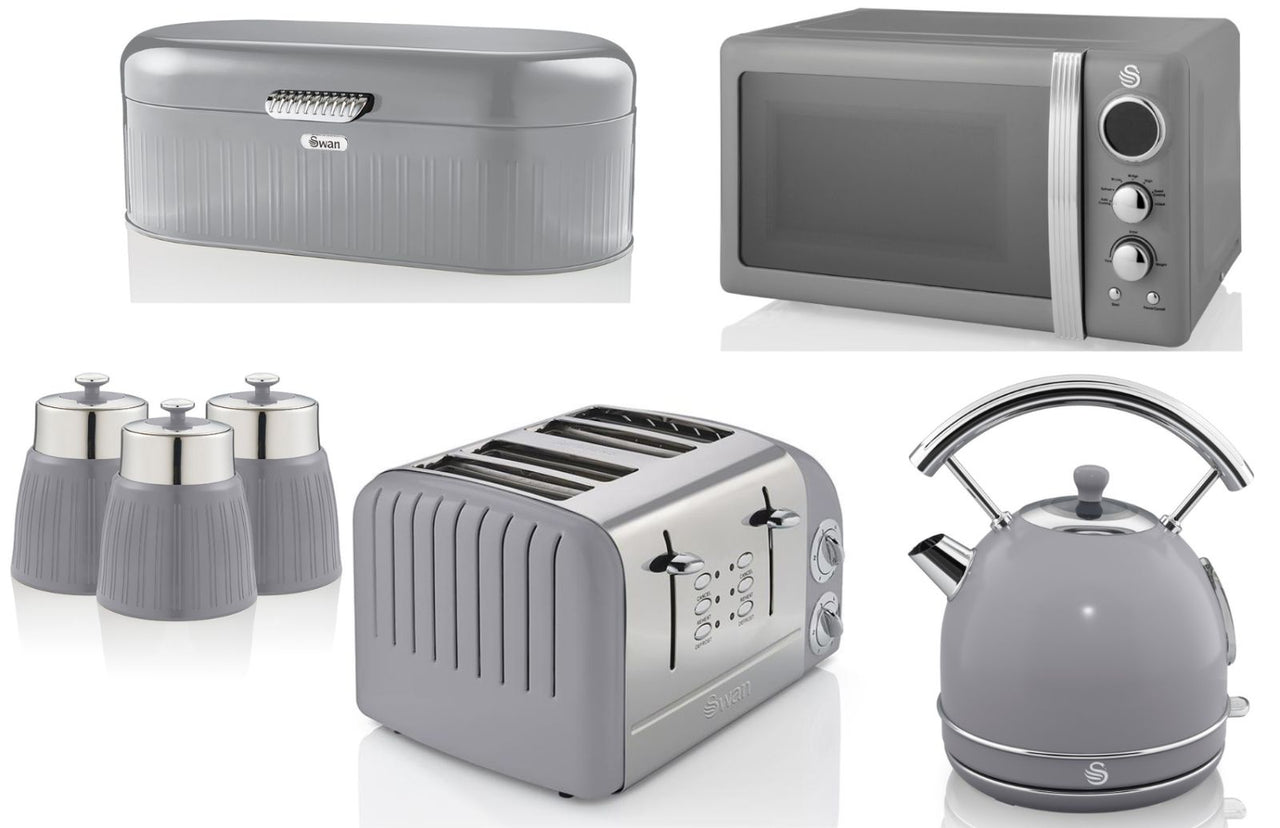 SWAN Retro Grey Dome Kettle 4 Slice Toaster Microwave Bread Bin & 3 Canisters