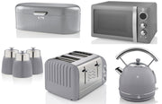 SWAN Retro Grey Dome Kettle 4 Slice Toaster Microwave Bread Bin & 3 Canisters